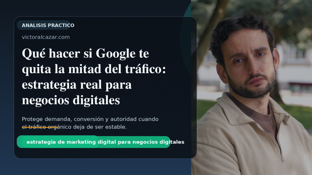 Ilustración editorial sobre la caída del tráfico orgánico en Google y la necesidad de una estrategia propia de marketing digital.