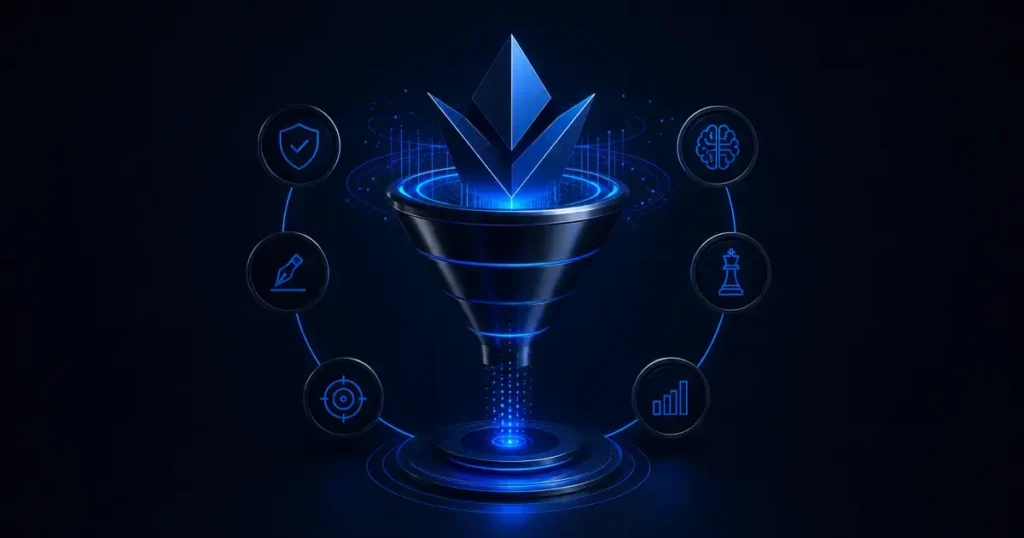 Visual editorial abstracto sobre convertir expertise en demanda propia con estrategia digital